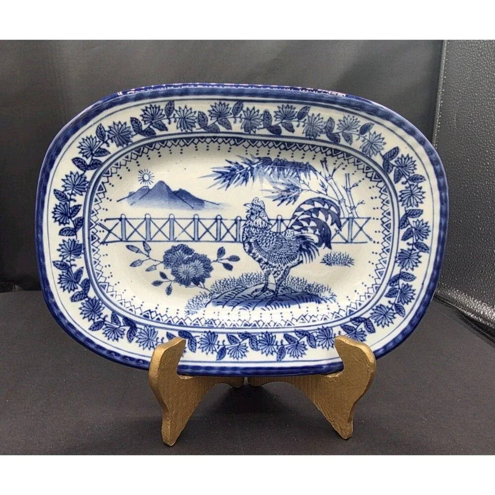 Vintage Flow Blue White Chinese Rooster Bread Platter - Just Displayed - EUC